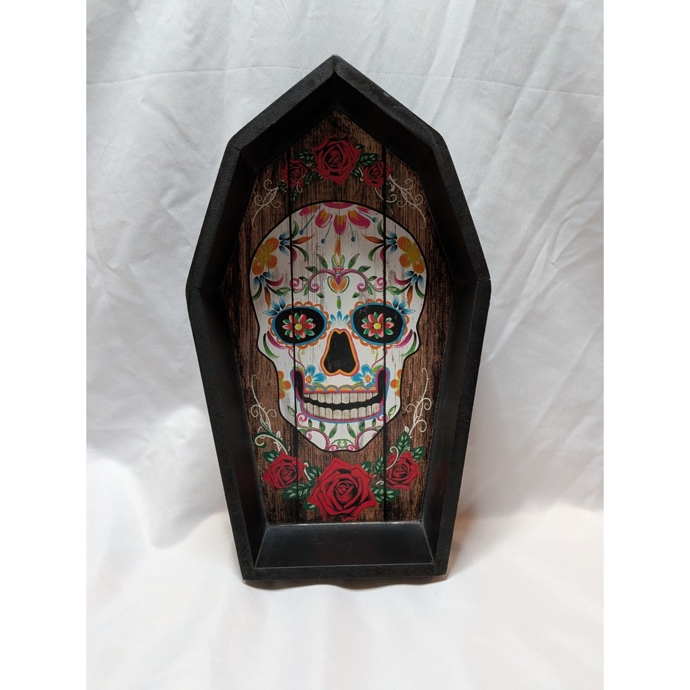 Ashland Day of the Dead Coffin Sugar Skull Wall Decor Black Rose Floral 12in